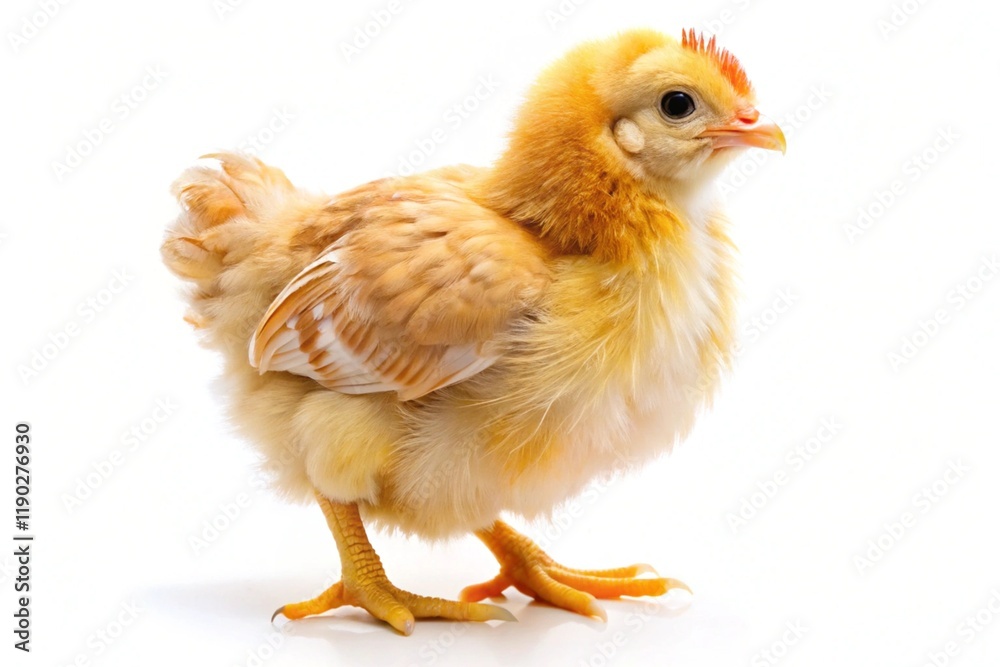 Fototapeta premium A small chicken with a red beak stands on a white background