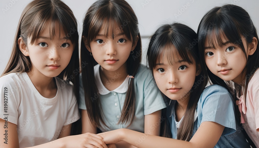 Four Adorable Asian Girls Posing Together, Close-Up Portrait of Young Friends Showing Sisterhood and Unity Four Adorable Asian Girls Posing Together, Close-Up Portrait of Young Friends Showing Sisterhood and Unity
