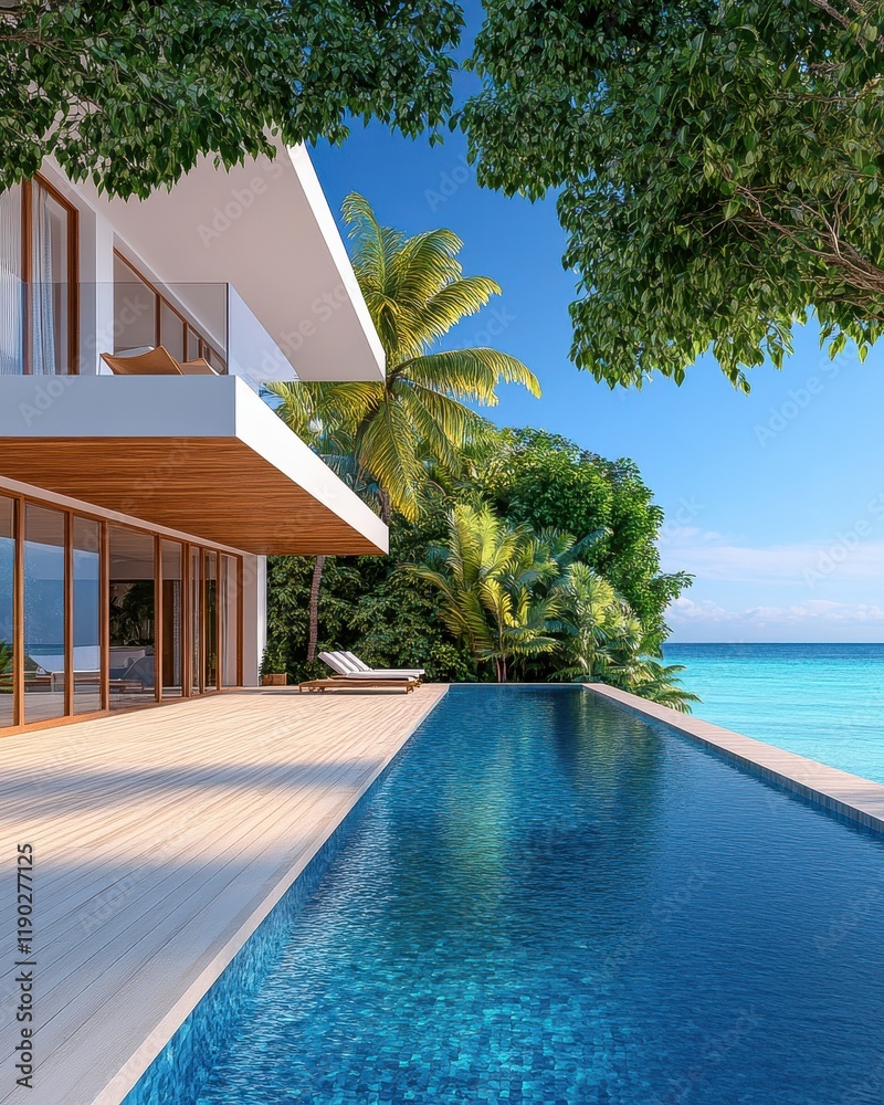 Fototapeta premium [luxury villa corporate rental luxury] Luxurious Tropical Island Villa with Modern Architecture & Ocean Views