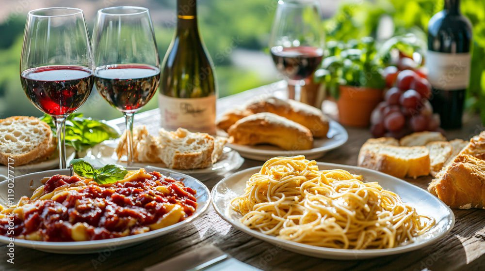 An Italian family dinner with pasta, wine, and homemade bread, emphasizing the cultural importance of shared meals in Italian society. An Italian family dinner with pasta, wine, and homemade bread, emphasizing the cultural importance of shared meals in Italian society.