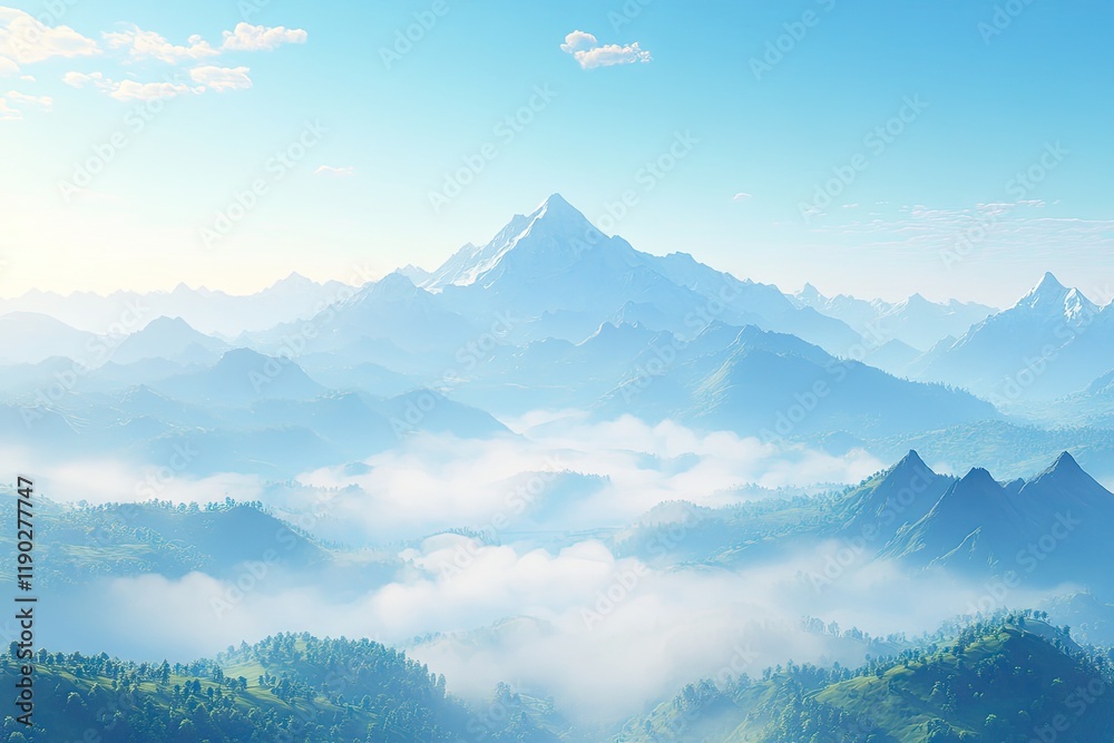 Obraz premium Misty mountain range sunrise landscape, serene nature scene, travel poster