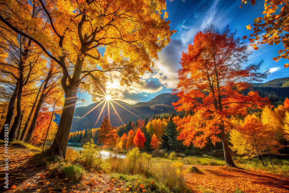 Fototapeta premium Breathtaking autumn scene with vibrant orange and yellow foliage, sunlight