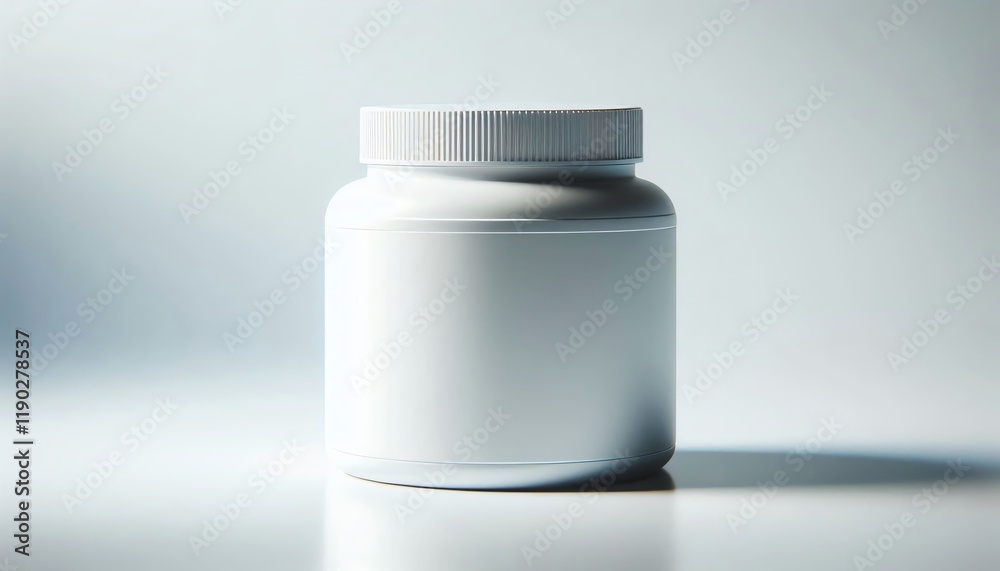 Minimalist White Supplement Bottle Jar with Blank Label on White Background Minimalist White Supplement Bottle Jar with Blank Label on White Background
