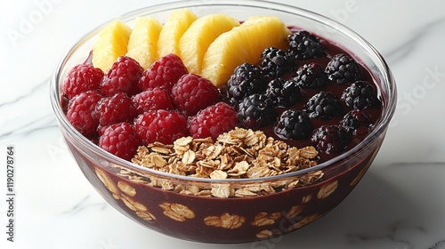 Vibrant Smoothie Bowl with Raspberries Blackberries Pineapple and Granola photo