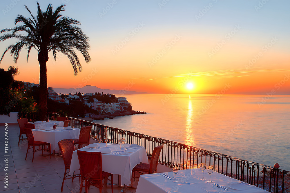 Fototapeta premium A picturesque sunset over a tranquil sea, with dining tables set on a balcony, palm trees framing the scene, creating a romantic atmosphere