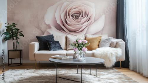 Rose Wall Art in Living Room: A serene living room features a large-scale rose wall mural as a stunning focal point.