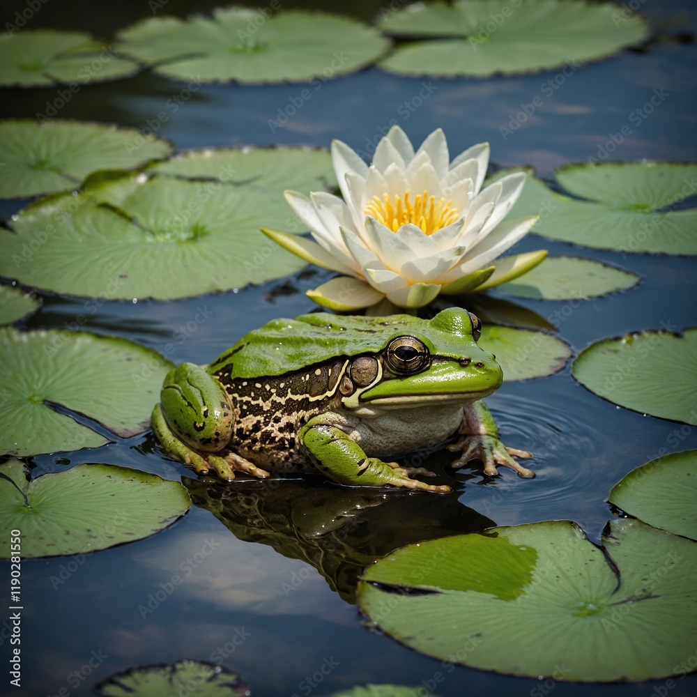 Teichfrosch. Frog photo stock. Frog sitting on a water lily leaf in the water displaying green body, head, legs, eye in its environment and surrounding, looking to the right side. Image. Picture. Port Teichfrosch. Frog photo stock. Frog sitting on a water lily leaf in the water displaying green body, head, legs, eye in its environment and surrounding, looking to the right side. Image. Picture. Port