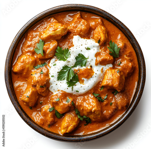 chicken masala in a bowl with cream on top, against a white background
