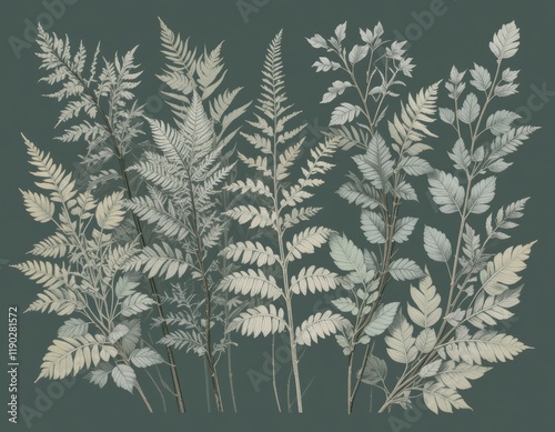 Elegant Botanical Illustration: Pressed Ferns and Leaves on Dark Green Background