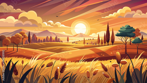 Scenic shot of sunset over an autumn field with dry grass in Lithuania, cool for background