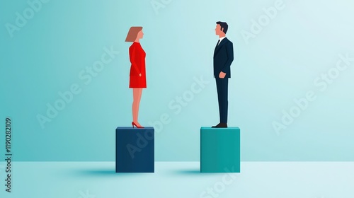 A man and a woman standing on equal podiums, representing gender equality in leadership.