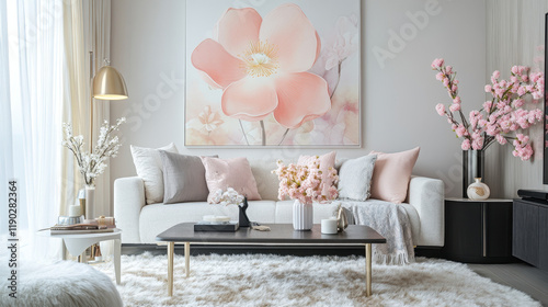 Serene Living Room: A modern living room interior design showcasing a plush white sofa, blush pink accents, and a large floral artwork creating a calm and sophisticated atmosphere.