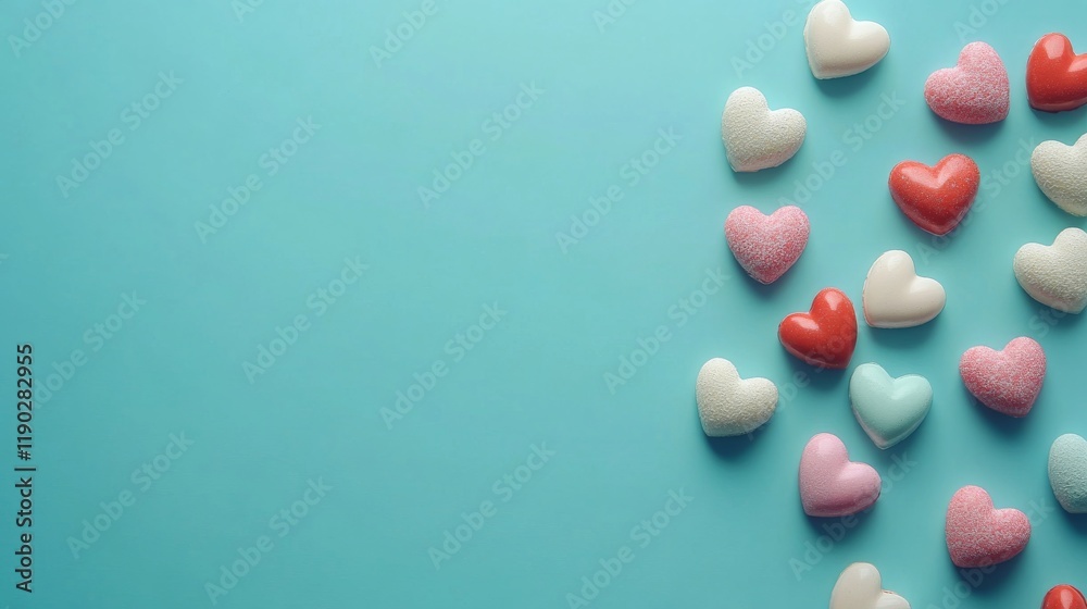 Colorful candy conversation hearts arranged on a vibrant turquoise blue background, featuring sweet romantic messages and pastel shades, perfect for valentine’s day themes, festive holiday decorations Colorful candy conversation hearts arranged on a vibrant turquoise blue background, featuring sweet romantic messages and pastel shades, perfect for valentine’s day themes, festive holiday decorations