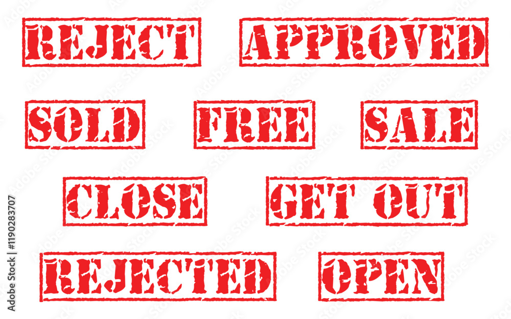 Grunge rubber stamp icon set for element design. Reject, rejected, close, open, approved, sale, sold, free, get out. Vector illustrator saved in EPS 10 and fully editable Grunge rubber stamp icon set for element design. Reject, rejected, close, open, approved, sale, sold, free, get out. Vector illustrator saved in EPS 10 and fully editable