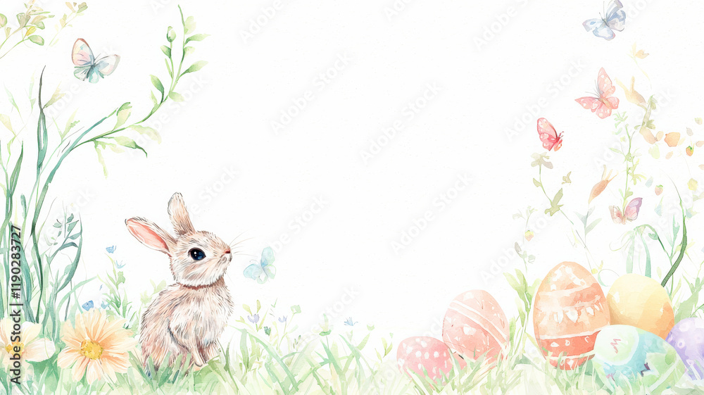 Fototapeta premium A watercolor-style Easter card in soft pastel hues, with delicate floral designs and space for a personal greeting, ideal for sending warm holiday wishes. 