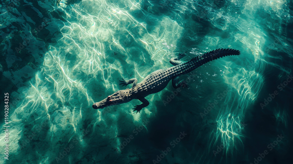 Fototapeta premium Crocodile Gliding Just Below the Surface of Clear Aquatic Environment