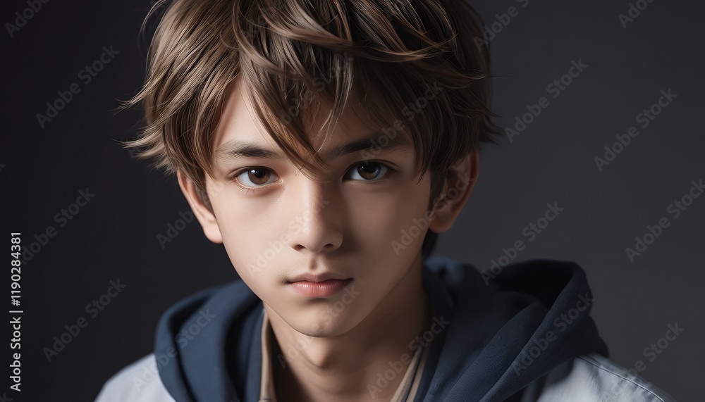 Portrait of a Young Man with Brown Hair and Hooded Jacket Intense Gaze Mysterious and Serene Portrait of a Young Man with Brown Hair and Hooded Jacket Intense Gaze Mysterious and Serene