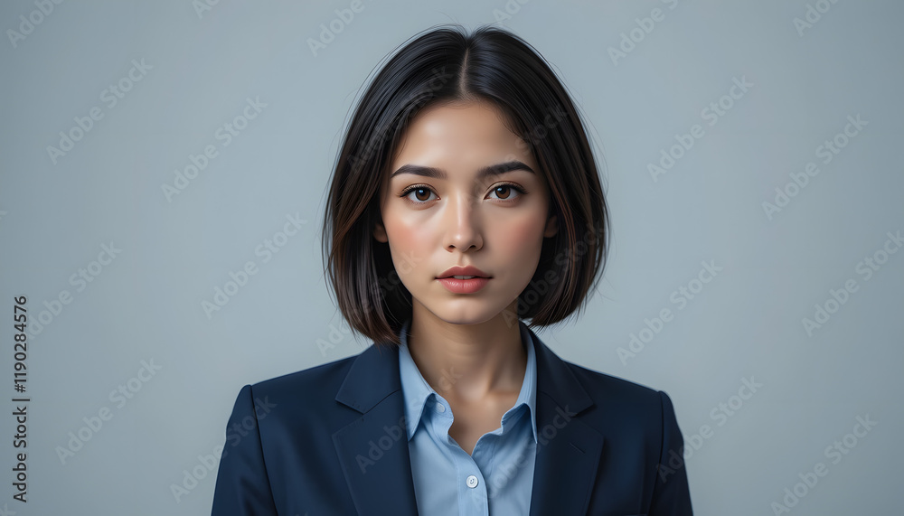 Portrait of a young Asian businesswoman in a navy blue blazer and light blue shirt against a gray background. Portrait of a young Asian businesswoman in a navy blue blazer and light blue shirt against a gray background.