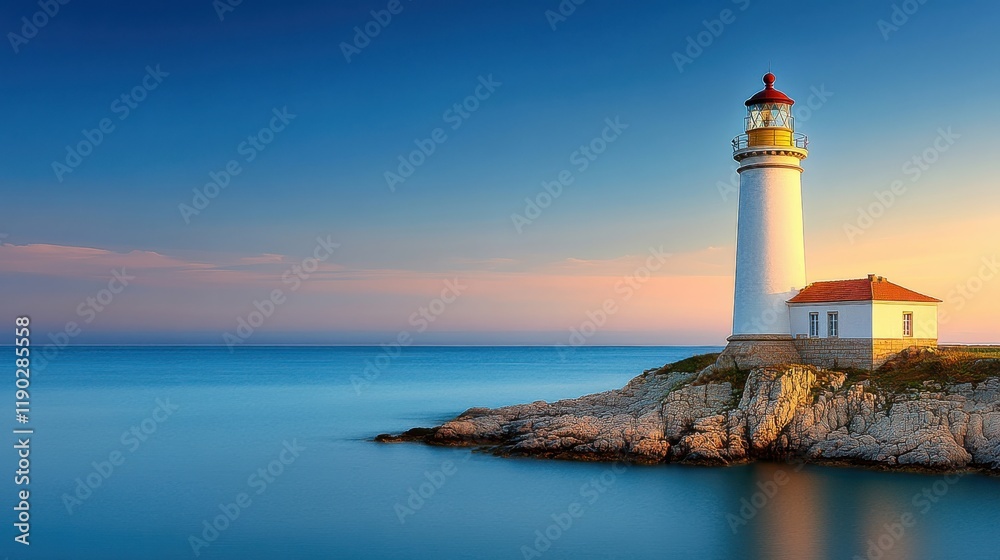 [serene coastal lighthouse scene] Lighthouse Serenity Coastal Scene at Golden Hour.