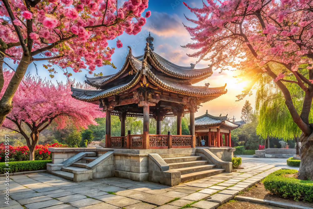 Naklejka premium serene garden pavilion surrounded by cherry blossoms at sunset
