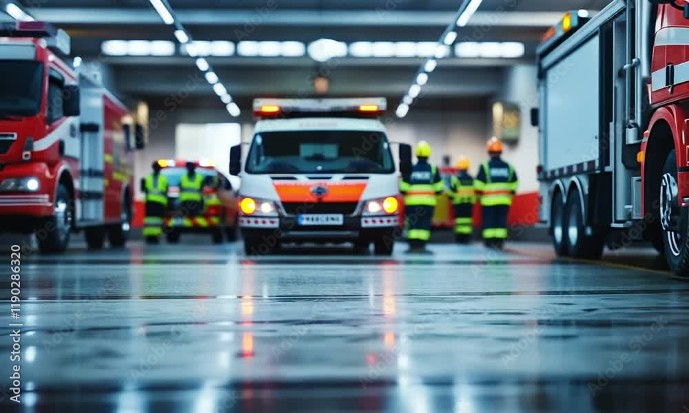 Emergency response team in action with ambulance and fire trucks at a fire station, showcasing teamwork and preparedness Emergency response team in action with ambulance and fire trucks at a fire station, showcasing teamwork and preparedness
