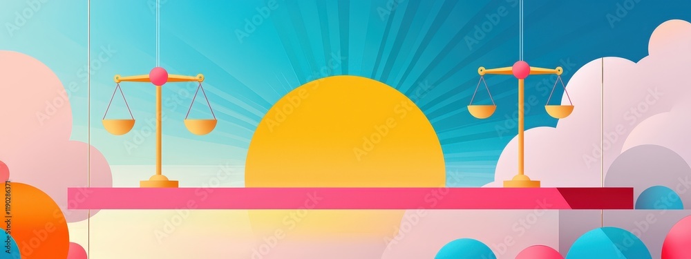 A symbolic horizon with rays labeled justice, fairness, and equality shining through. A symbolic horizon with rays labeled justice, fairness, and equality shining through.