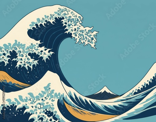 Great Wave, Ocean Wave, Japanese Woodblock Print Style, Blue and White Wave, Art Print, Graphic Design