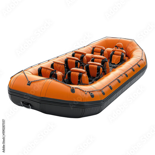 [Orange lifeboat with seating areas and safety belts] Rescue Lifeboat with Orange Seats and Safety Belts on Black Background