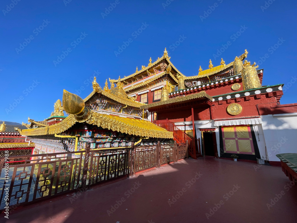Fototapeta premium Songzanlin temple or The Ganden Sumtsenling Monastery (also known as Sungtseling and Guihuasi) the largest Tibetan Buddhist monastery in Shangri-La Yunnan PRC and known as the Little Potala Palace