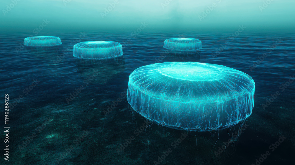 Fototapeta premium Massive Translucent Jellyfish Floating in Serene Ocean Archipelago Scene