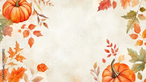 Autumn watercolor pumpkins leaves border background design