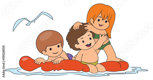 Children relax on water mattress in pool. Funny people.