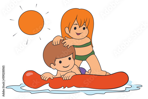 Children relax on water mattress in pool. Funny people.