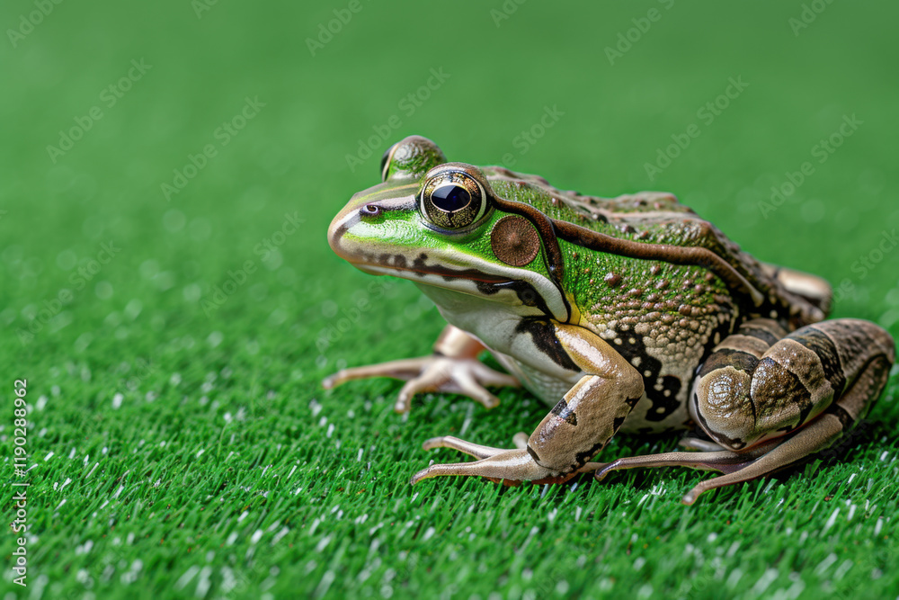 Obraz premium A detailed shot of a vibrant green frog with intricate patterns, perched on artificial grass, showcasing its unique markings against a textured green background.