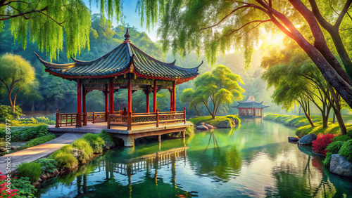 serene riverside pavilion surrounded by lush greenery and reflections