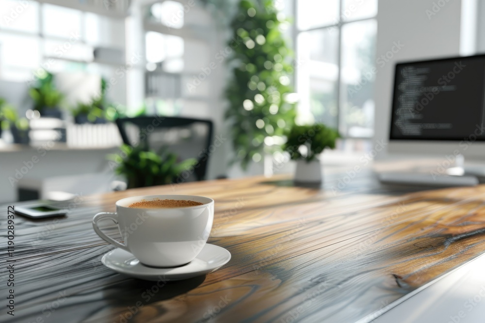 High Detail Visual of Workplace with Computer and Coffee Cup in Modern Office High Detail Visual of Workplace with Computer and Coffee Cup in Modern Office