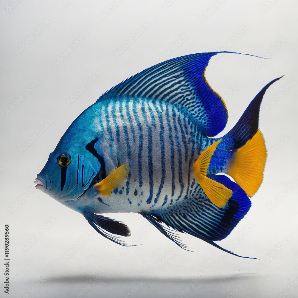 Naklejka premium A vibrant blue angelfish with flowing fins, gracefully swimming on a white background.