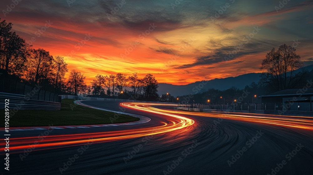 Dramatic sunset over a race track with light trails. Dramatic sunset over a race track with light trails.