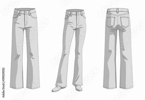 Women's Fashion Design Templates: Mid Rise, High Waist, Wide Leg Palazzo Jeans, Denim Pants, Trouser Flat Sketches, CAD Mockups, Technical Drawings