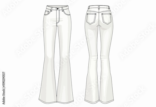 Mid Rise, High Waist, Wide Leg Palazzo Jeans, Denim Pants, Trouser Templates for Fashion Design, CAD Mockups, Flat Sketches, Technical Drawings