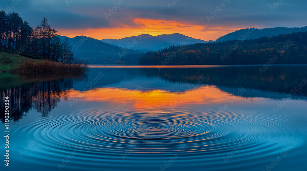 Fototapeta premium Serene Sunset Lake: Ripples on Calm Water Reflecting Mountain Range at Dusk