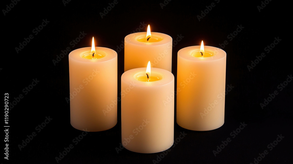 Circular Arrangement of Four Candles with Warm Flame Glow on Dark Background Circular Arrangement of Four Candles with Warm Flame Glow on Dark Background
