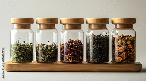 beautiful display of herbal tea jars on bamboo stand, showcasing various dried herbs and flowers