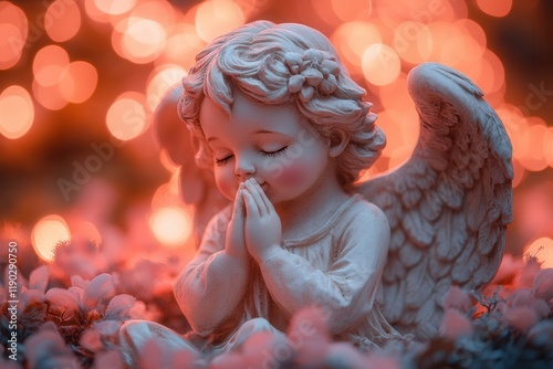 Cherubic figure of a praying angel surrounded by colorful lights and flowers in a serene setting