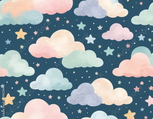 Pastel Clouds and Stars Night Sky Seamless Pattern: Watercolor Dreamy Background for Kids