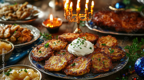 Festive Hanukkah Table Featuring Crispy Potato Latkes and Delicious Sides photo