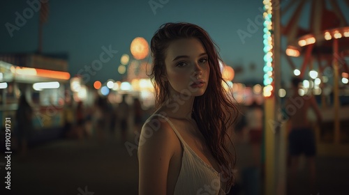 Mysterious girl stands alone at carnival, illuminated by colorfu