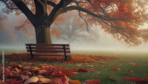 A park bench offers a place to rest amidst the autumn leaves and colorful foliage of the fall landscape photo