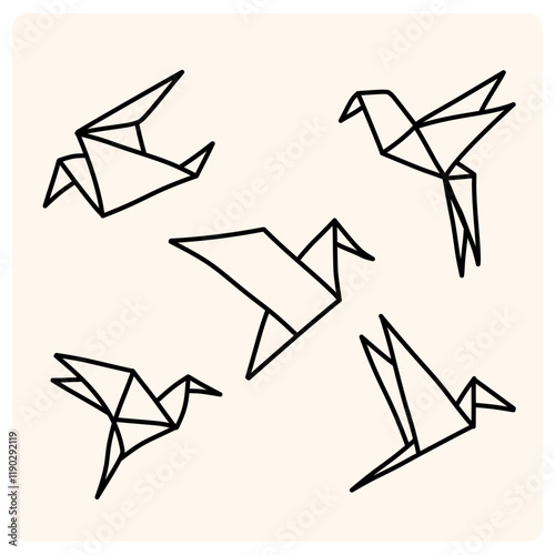 4 paper doves. Origami toys with doodle style