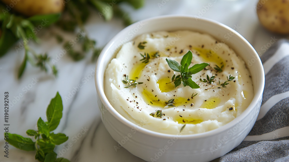 A bowl of creamy garlic mashed potatoes garnished with fresh herbs and olive oil. A bowl of creamy garlic mashed potatoes garnished with fresh herbs and olive oil.